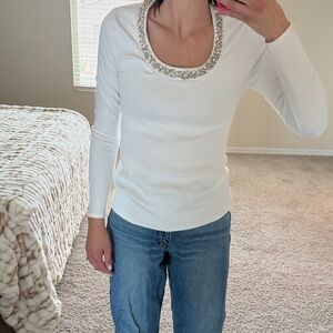 White House Black Market White Long Sleeve Top with Embellished Neckline